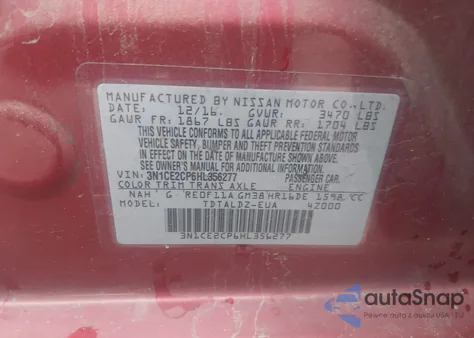 2017 Nissan Versa Note Sv z USA, uszkodzony, nr VIN 3N1CE2CP6HL356277